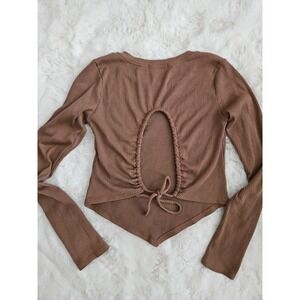 Skänhet Y2K Brown Ribbed Crop Top - Cutout Back with Tie Detail - Size S